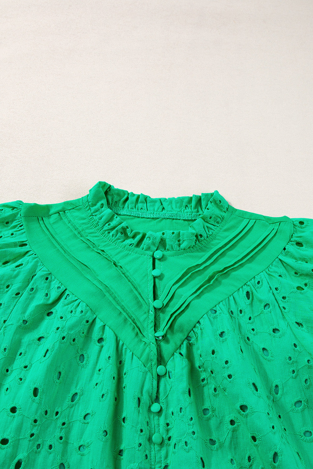 Black Hollow-out Flower Embroidered Short Puff Sleeve Blouse