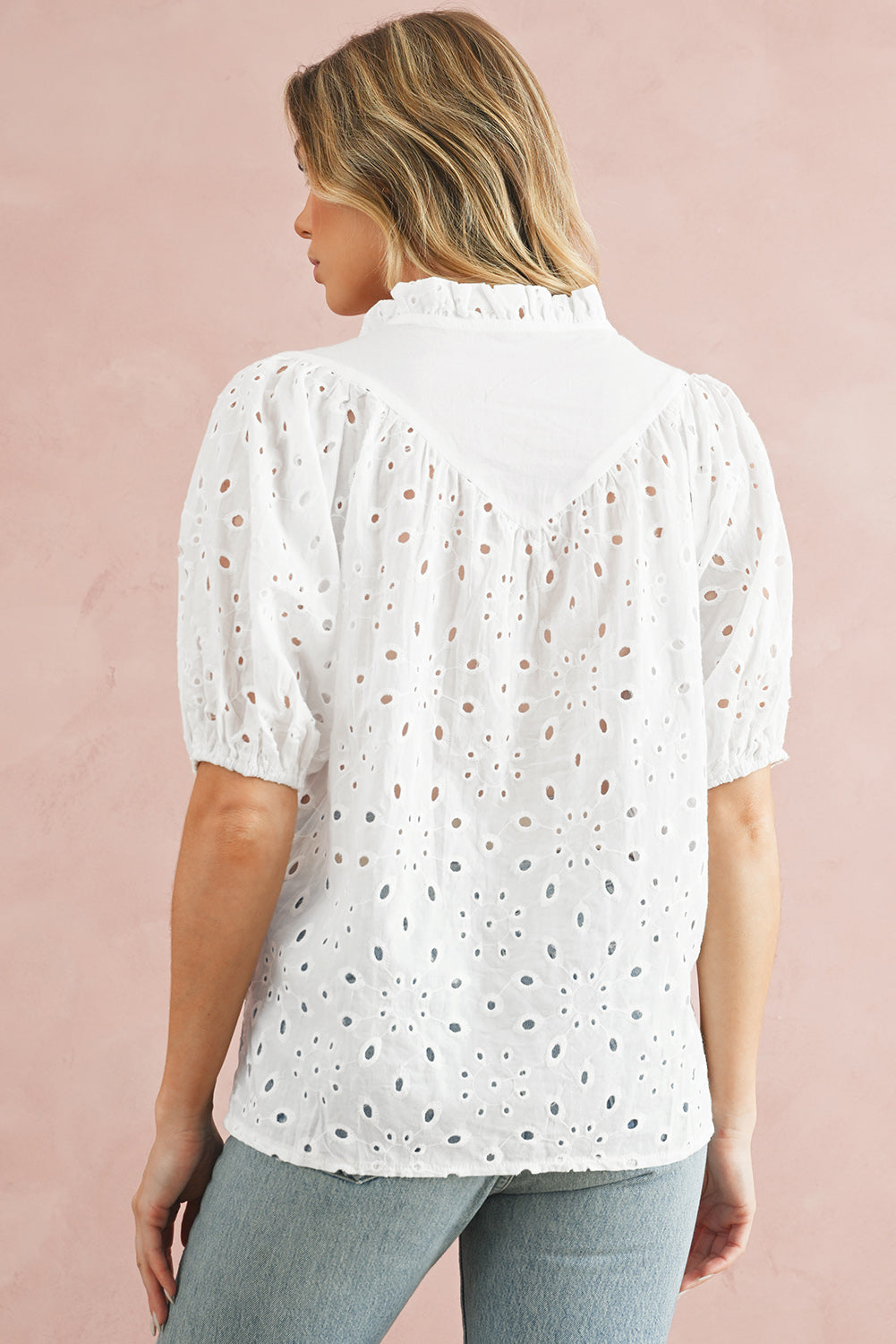 Black Hollow-out Flower Embroidered Short Puff Sleeve Blouse
