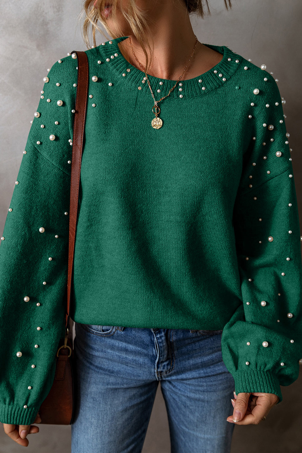 Light Grey Pearl Drop Shoulder Round Neck Sweater