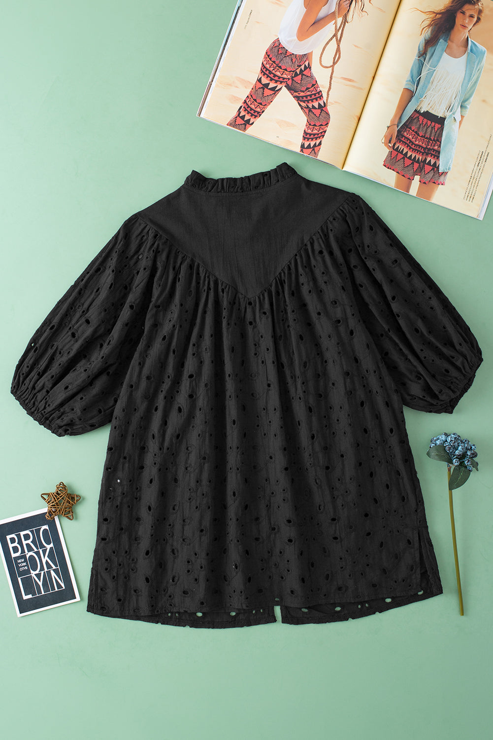 Black Hollow-out Flower Embroidered Short Puff Sleeve Blouse