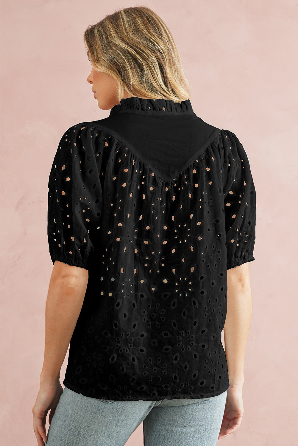 Black Hollow-out Flower Embroidered Short Puff Sleeve Blouse
