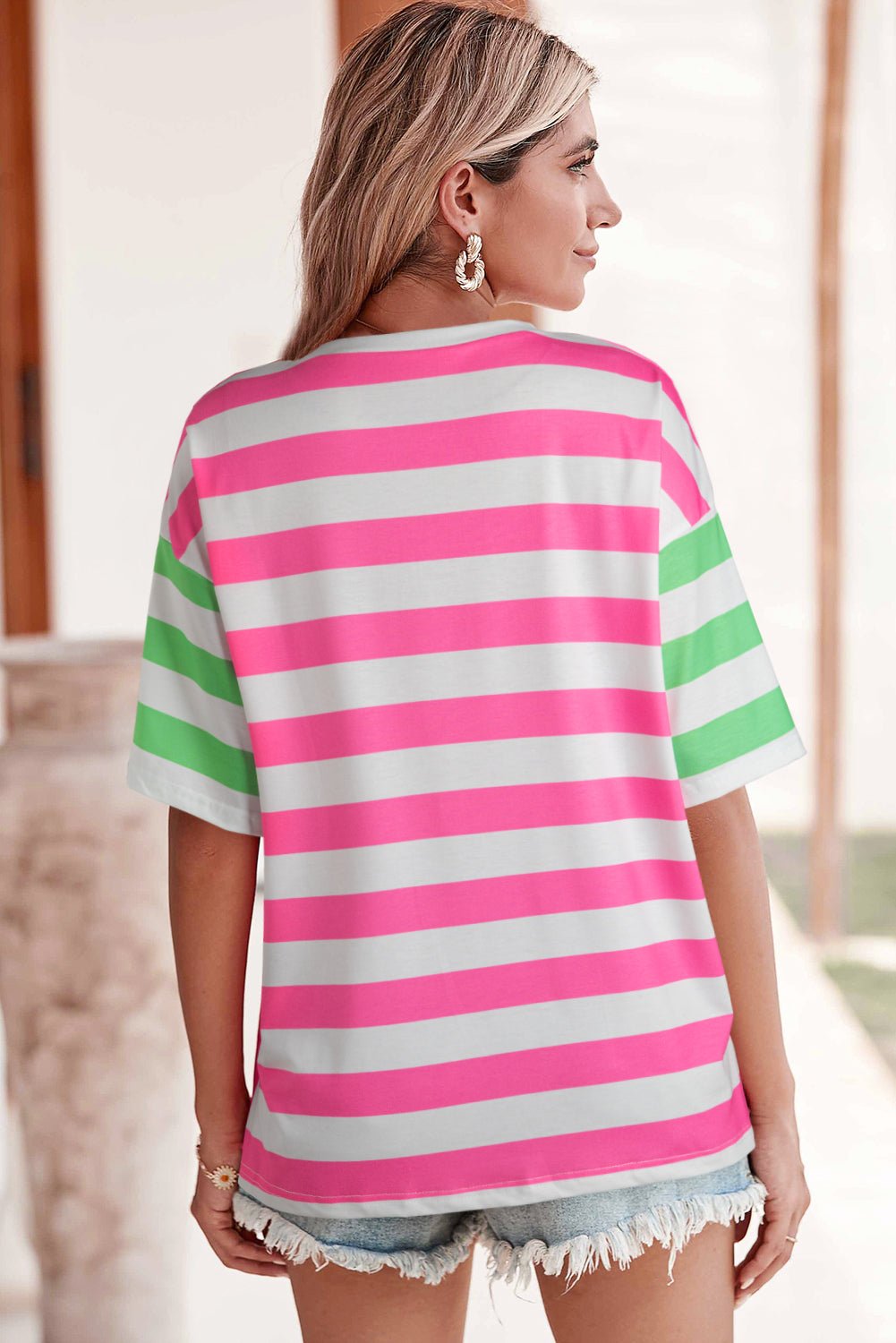 Blue Stripe Patch Pocket Drop Sleeve Slits T Shirt