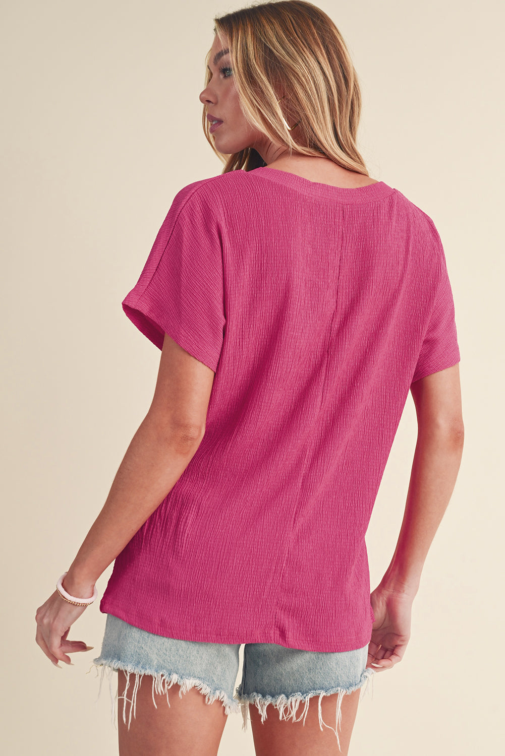 Blue Plain Crinkled V Neck Flounce Sleeve T Shirt