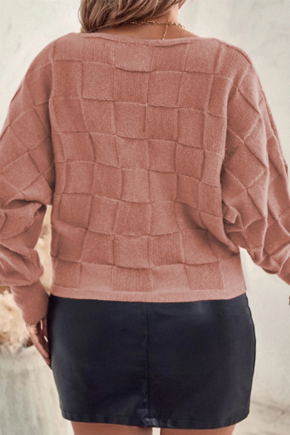 Light French Beige Solid Checkered Textured Knit Plus Size Sweater