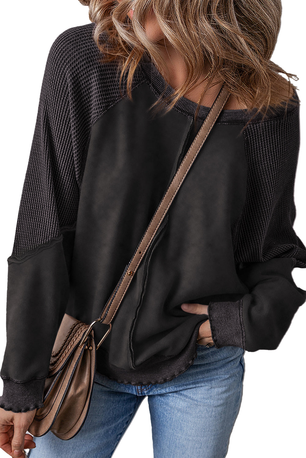 Sail Blue Waffle Knit Patchwork Raglan Sleeve Sweatshirt