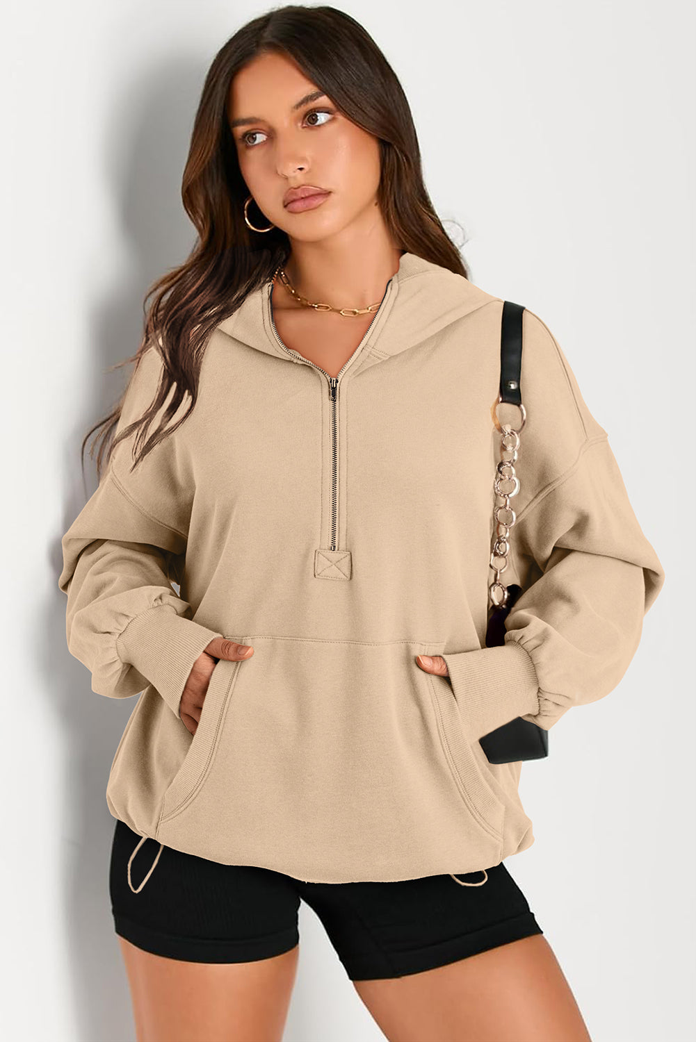 Aruba Blue Kangaroo Pocket Half Zipper Oversized Hoodie