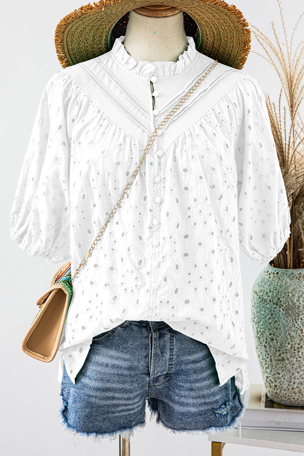 Black Hollow-out Flower Embroidered Short Puff Sleeve Blouse