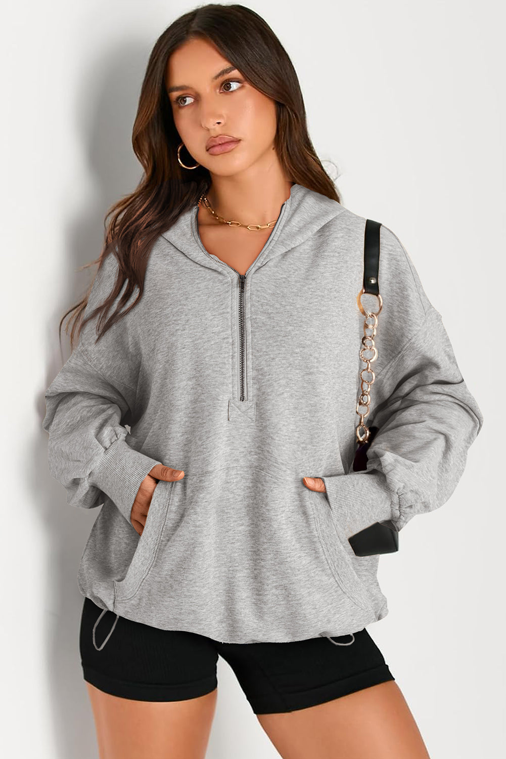 Aruba Blue Kangaroo Pocket Half Zipper Oversized Hoodie