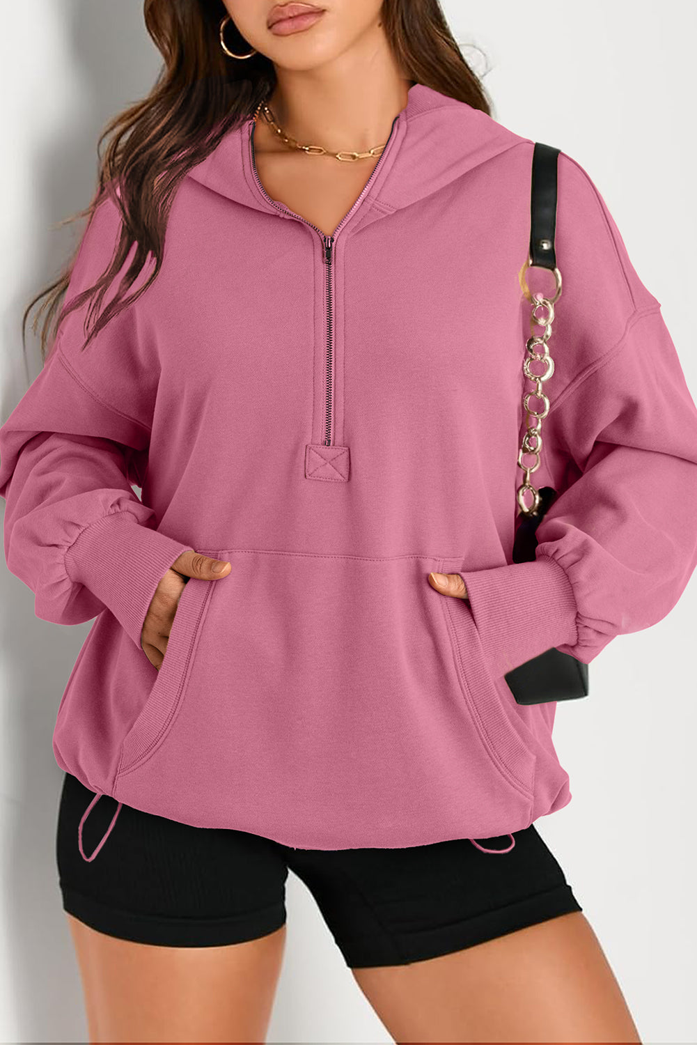 Aruba Blue Kangaroo Pocket Half Zipper Oversized Hoodie