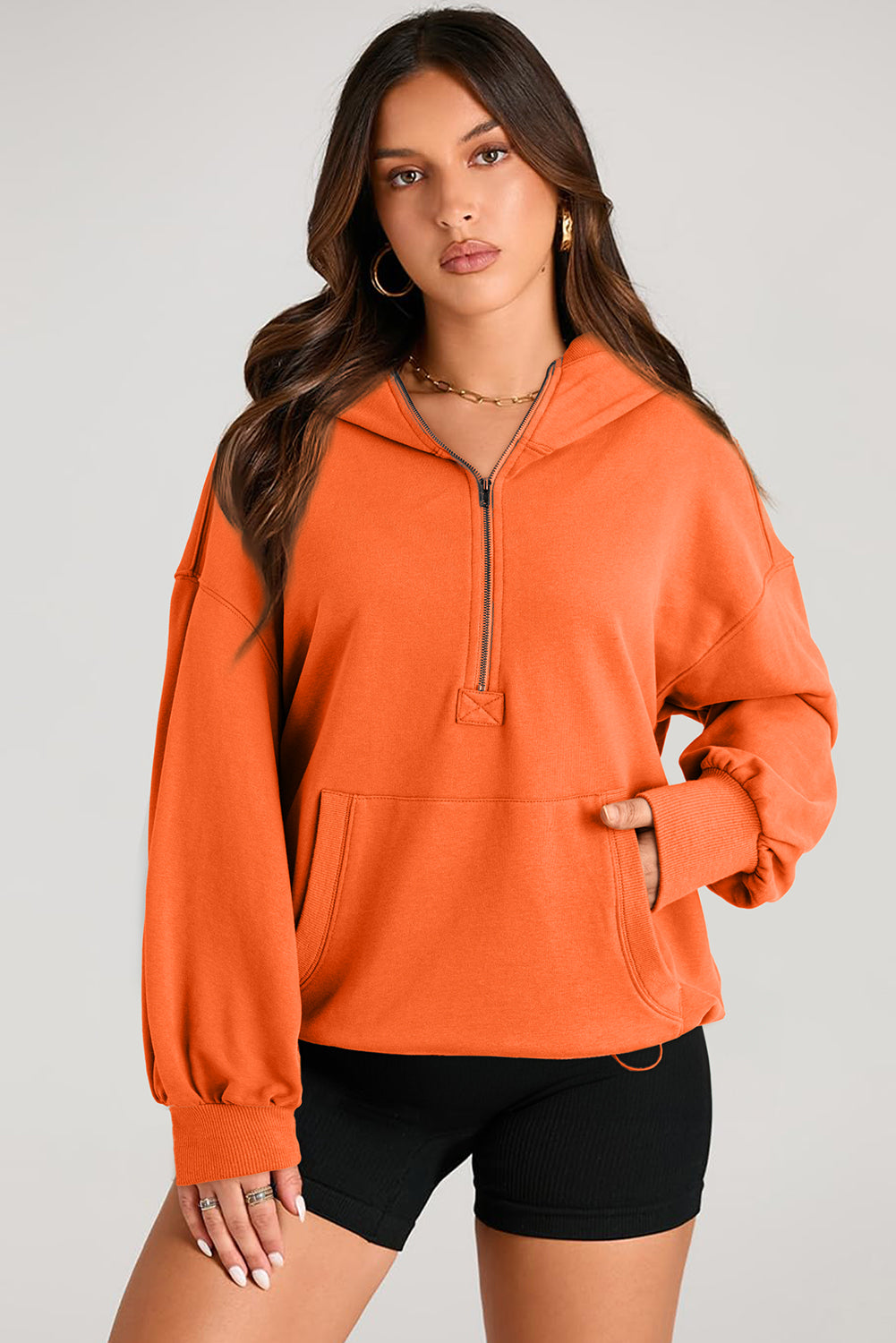 Aruba Blue Kangaroo Pocket Half Zipper Oversized Hoodie