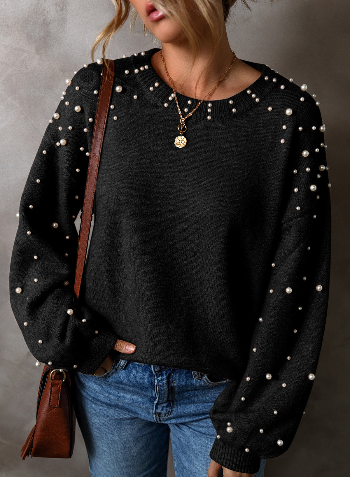 Light Grey Pearl Drop Shoulder Round Neck Sweater