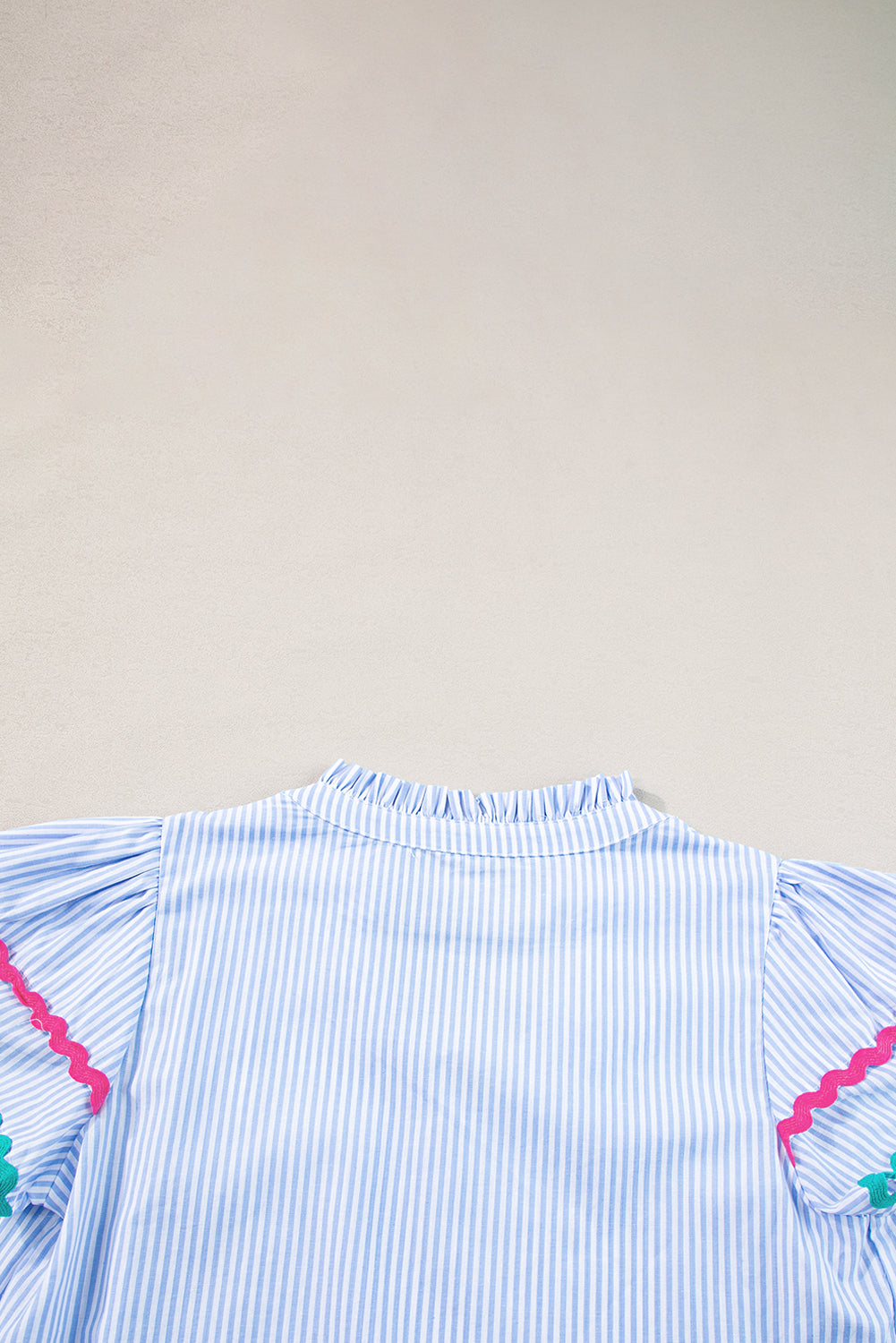 Sky Blue Striped Ricrac Splicing Frill V-Neck Blouse