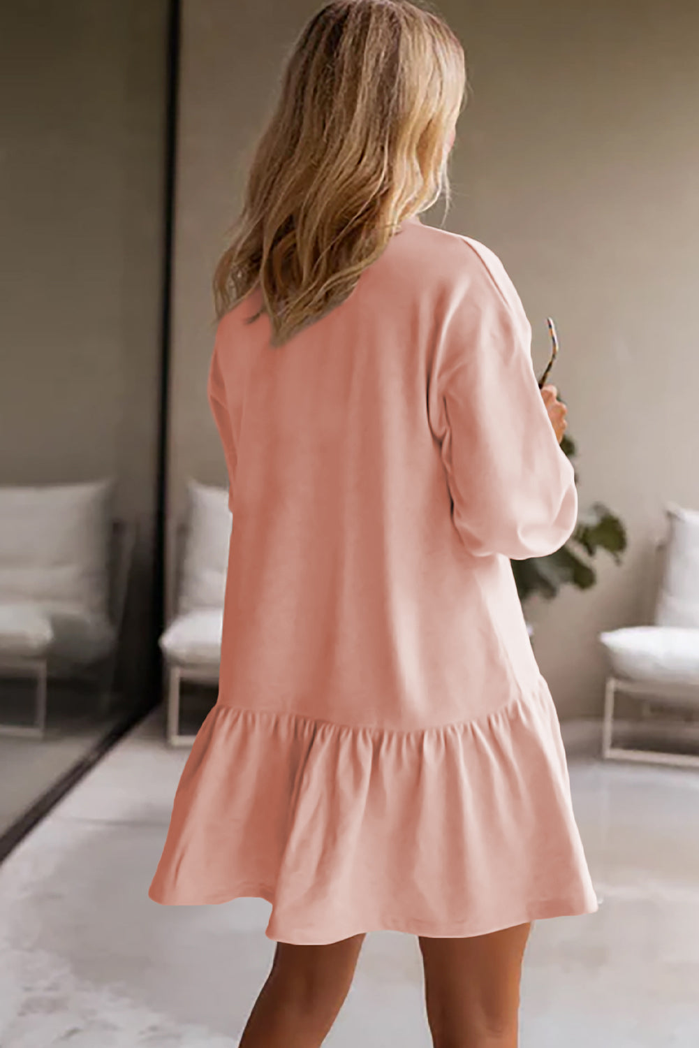 Black Solid Color Ruffle Hem Mini Sweatshirt Dress