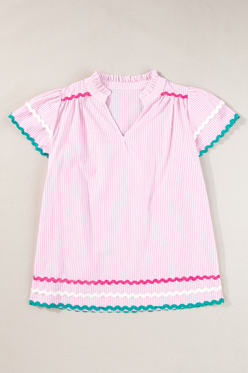 Sky Blue Striped Ricrac Splicing Frill V-Neck Blouse