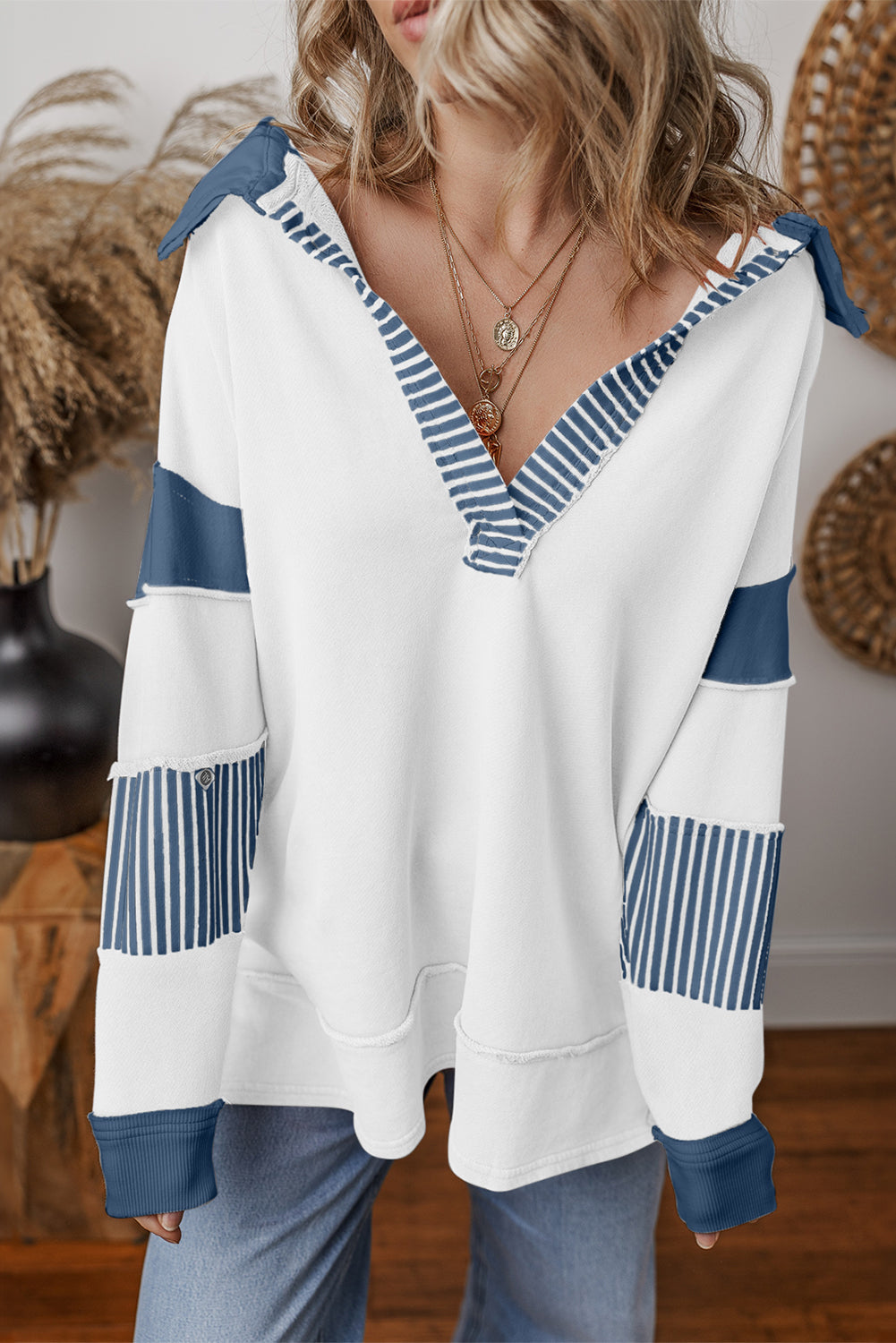 Black Striped Patchwork Collar Sweatshirt