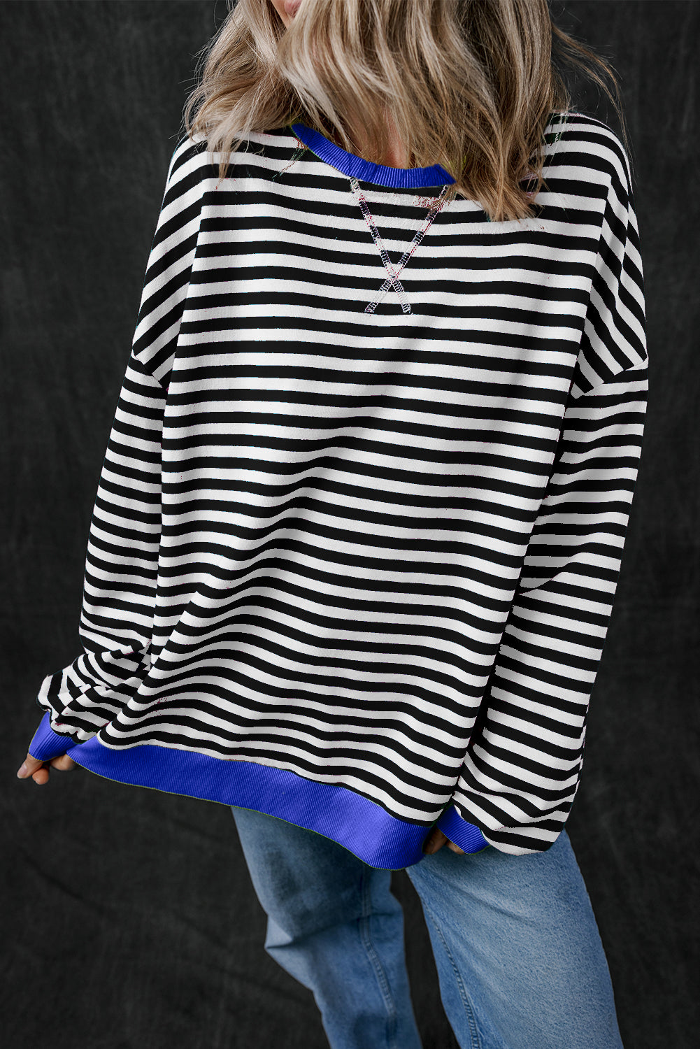 Black Stripe Contrast Edge Cross Seam Oversized Sweatshirt