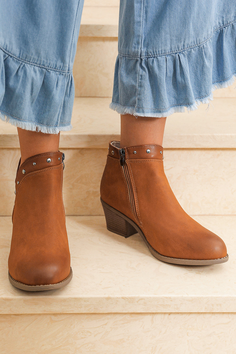 Chestnut Studded Faux Leather Chunky Heel Ankle Boots