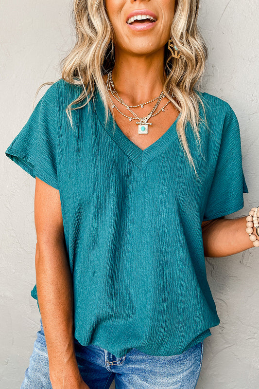 Blue Plain Crinkled V Neck Flounce Sleeve T Shirt