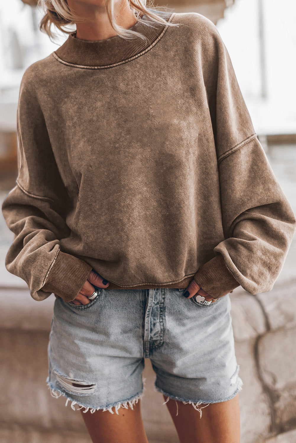 Orange Washed Drop Shoulder Crewneck Pullover Sweatshirt