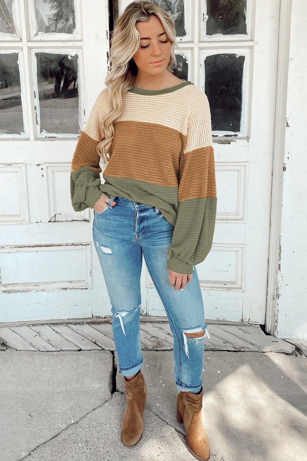 Green Waffle Knit Color Block Drop Sleeve Loose Top