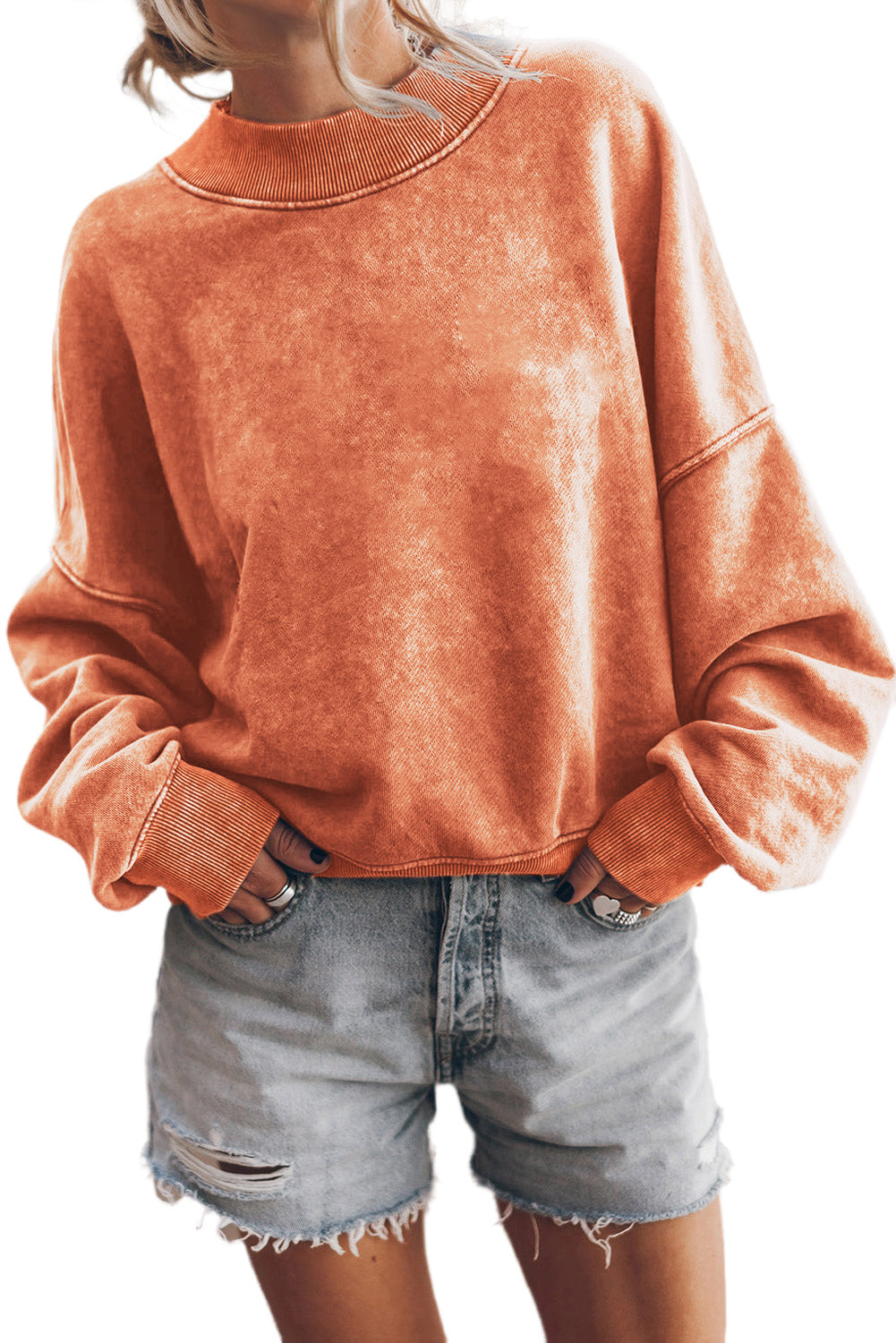 Orange Washed Drop Shoulder Crewneck Pullover Sweatshirt