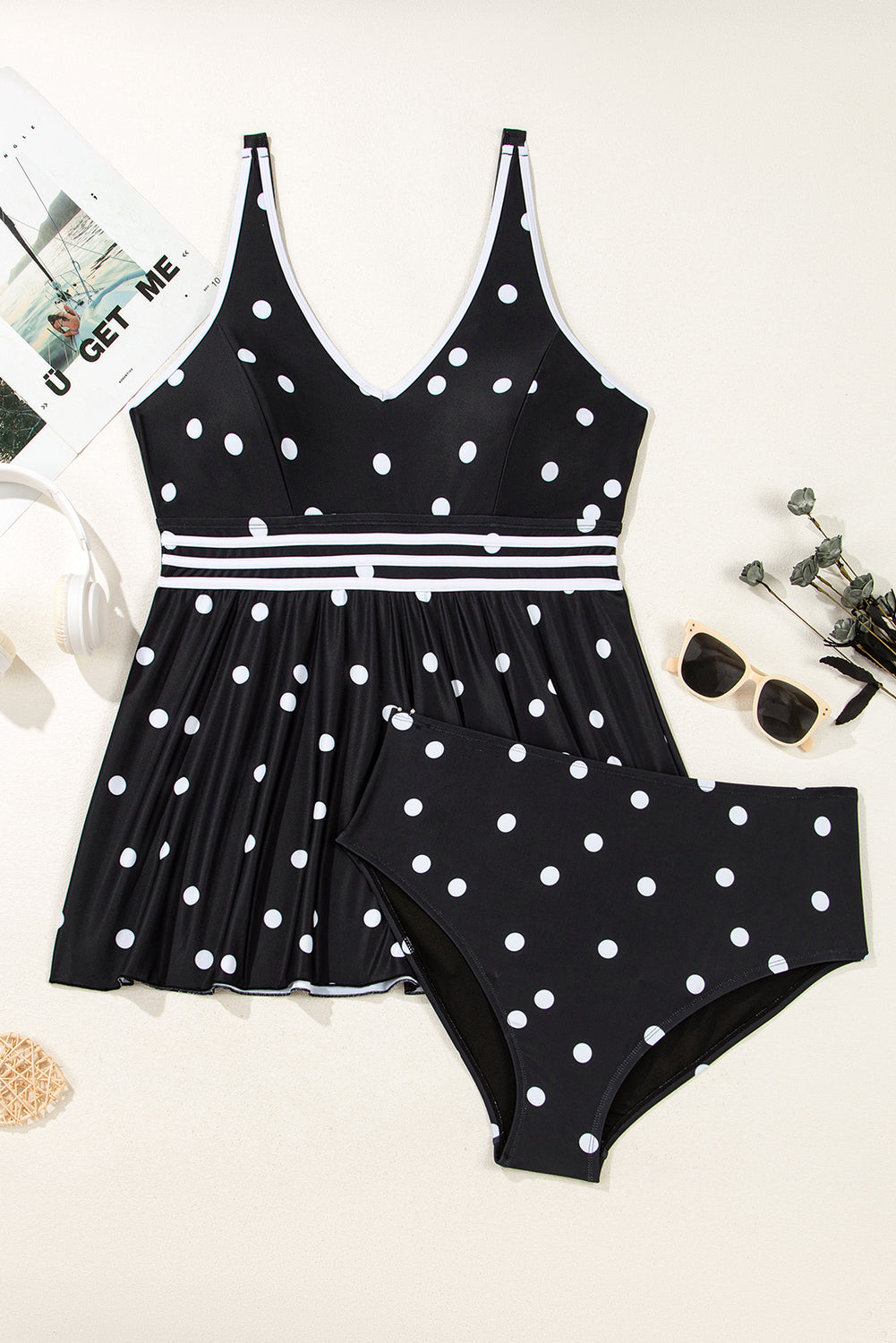 Black Polka Dot Colorblock Trim V Neck Plus Size Swim Dress