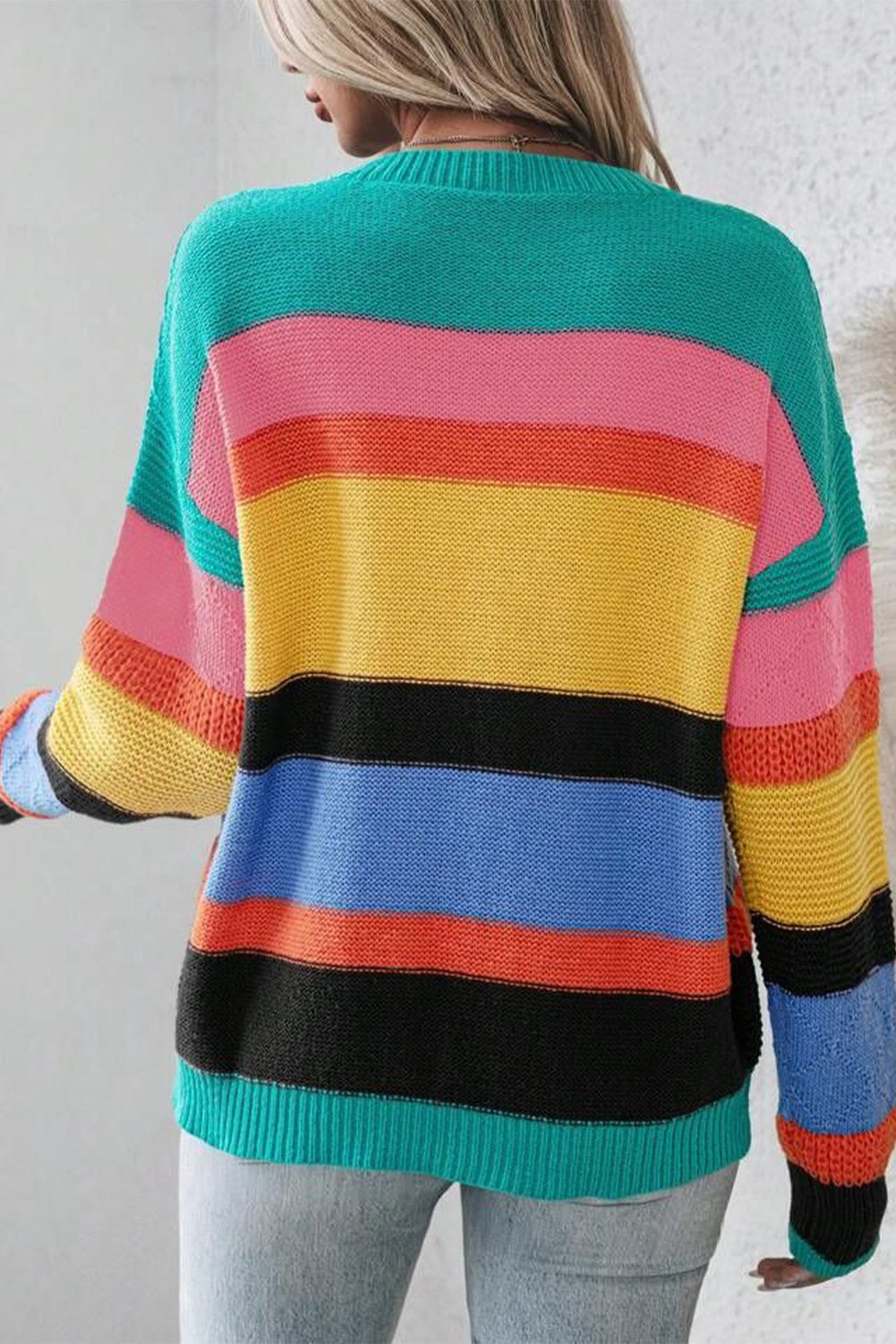 Light Blue Colorblock Drop Shoulder Crew Neck Sweater