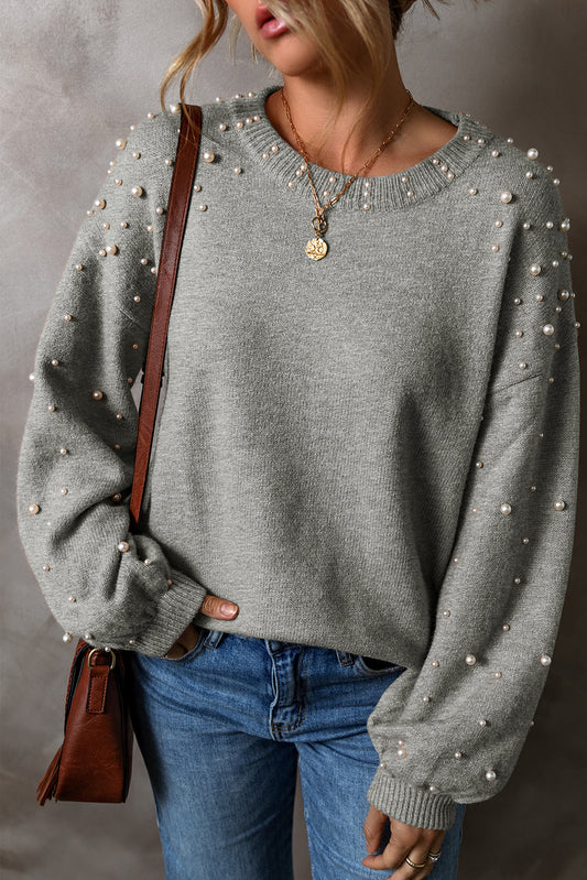 Light Grey Pearl Drop Shoulder Round Neck Sweater