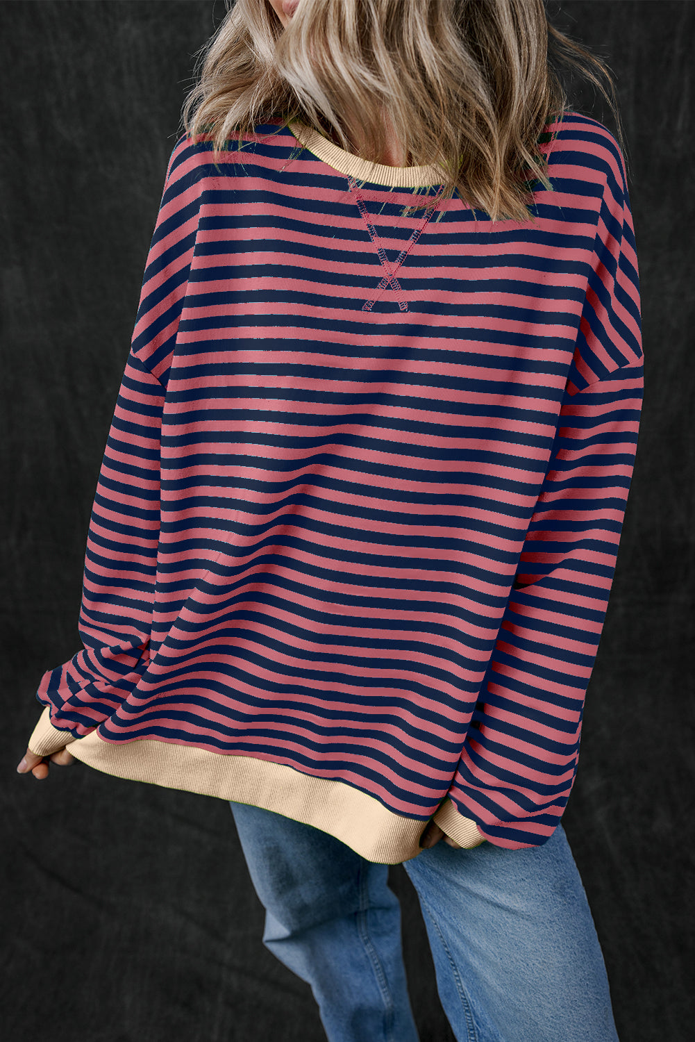 Black Stripe Contrast Edge Cross Seam Oversized Sweatshirt