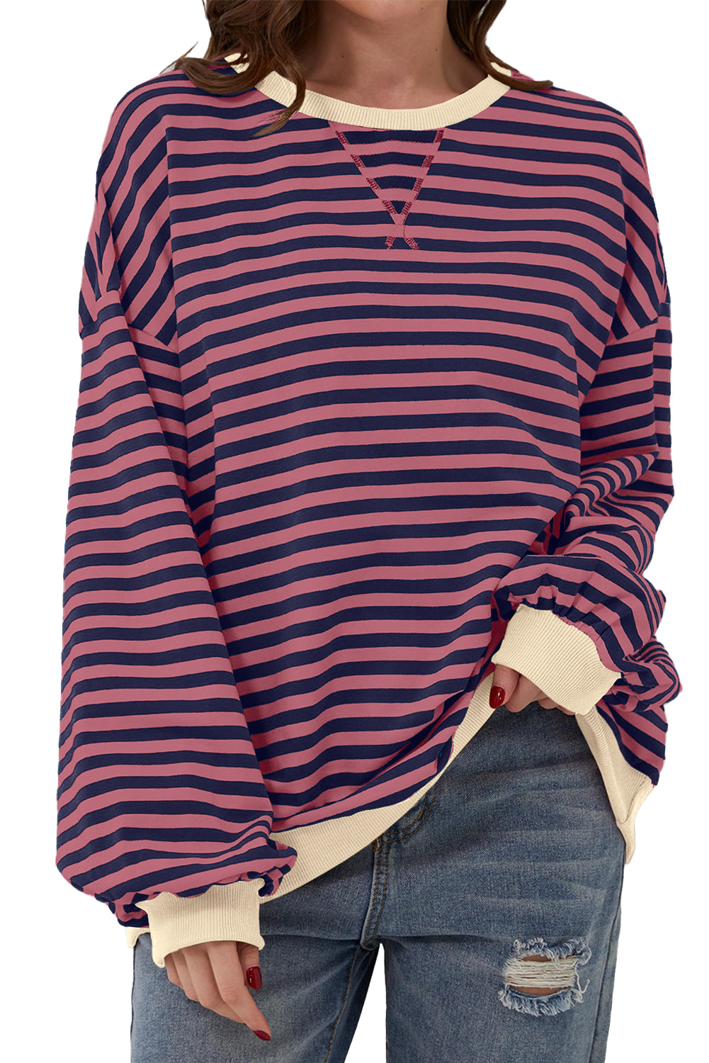 Black Stripe Contrast Edge Cross Seam Oversized Sweatshirt