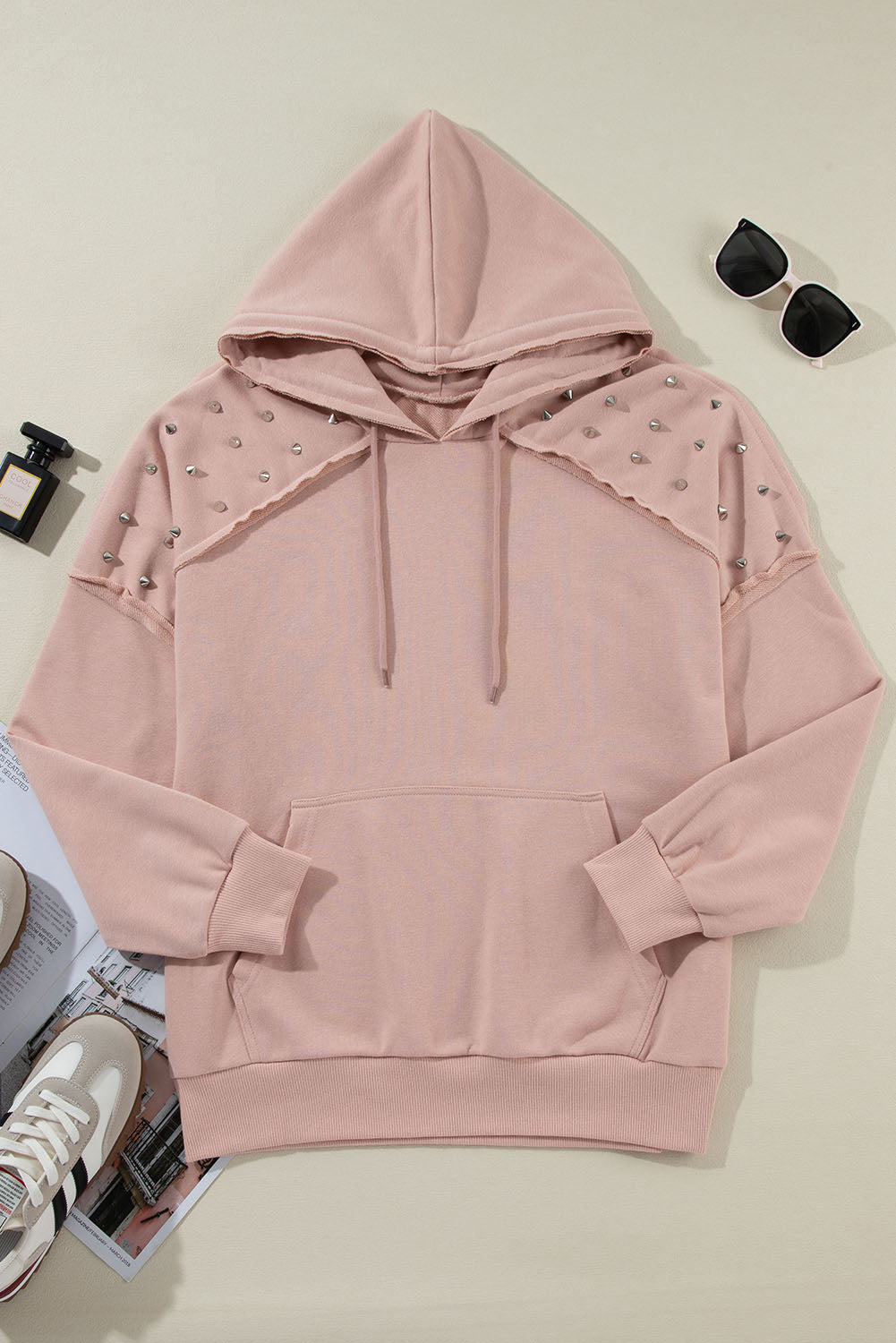 Fushia Stud Detail Kangaroo Pocket Hoodie