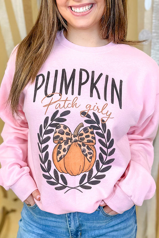 Pink Leopard Bowknot Pumpkin Graphic Crewneck Sweatshirt