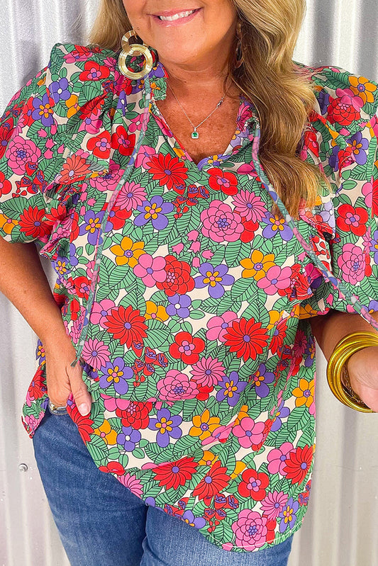 Multicolor Plus Size Floral Print Ruffle V Neck Bubble Sleeve Blouse