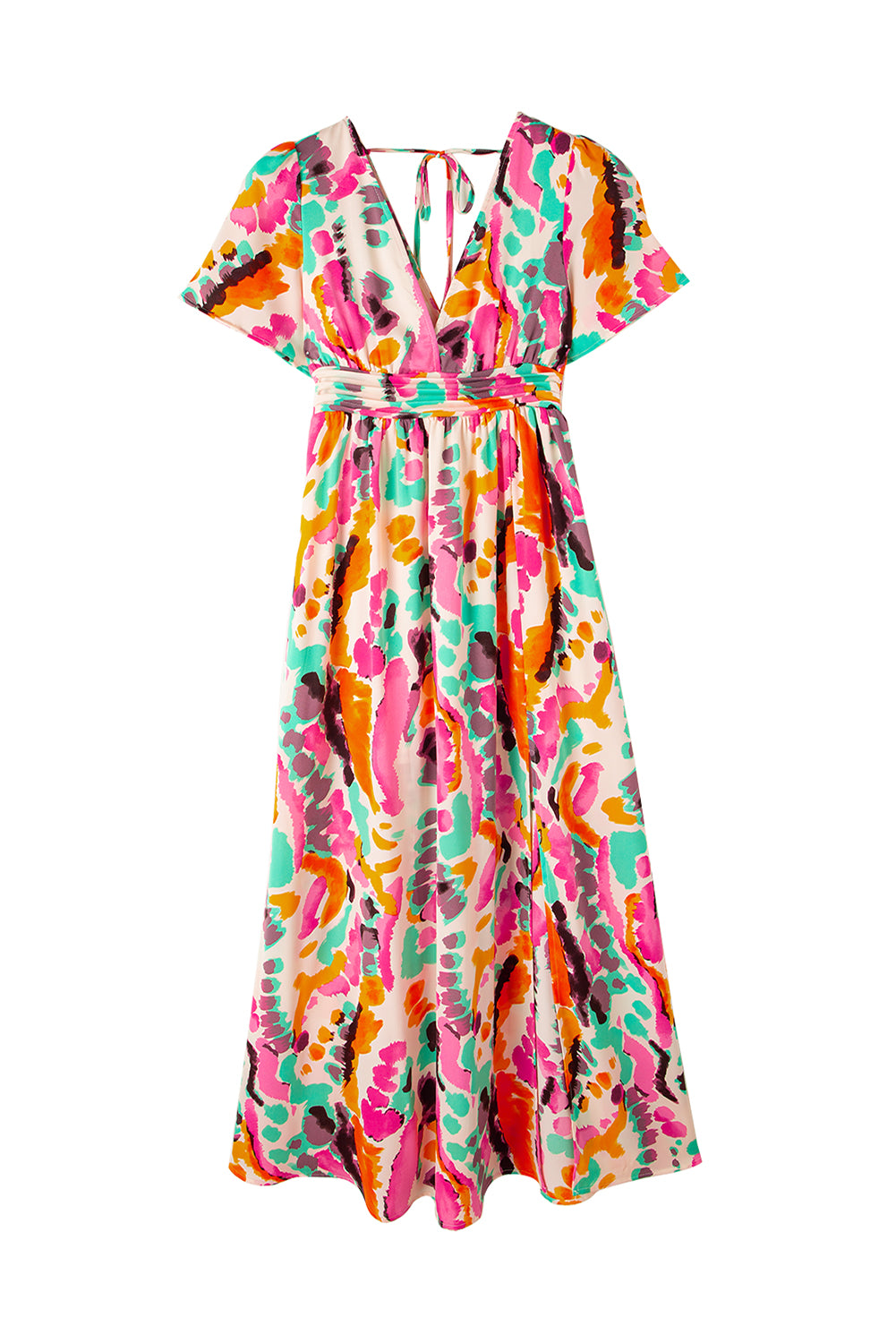 Pink Boho Tie Dye Print V Neck Side Split Maxi Dress