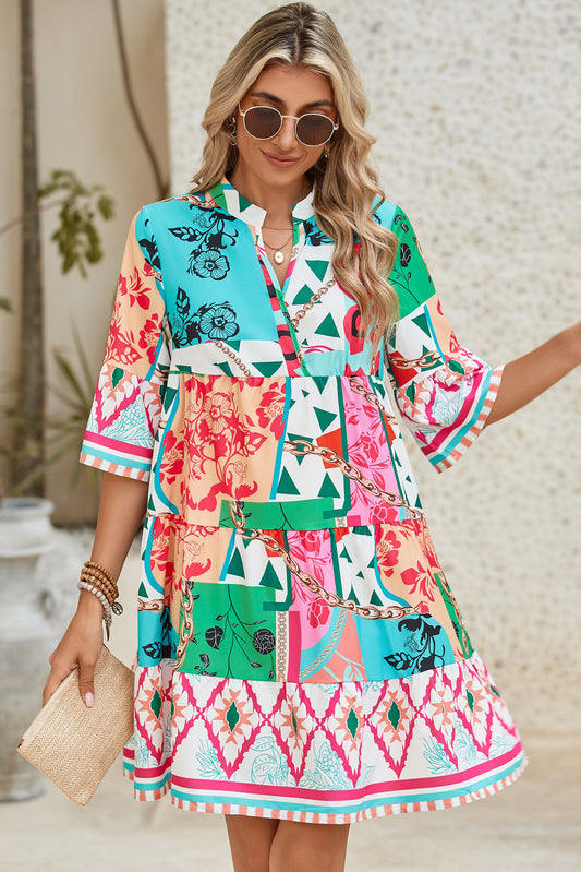 Multicolour Boho Abstract Print Flowy Tiered Dress