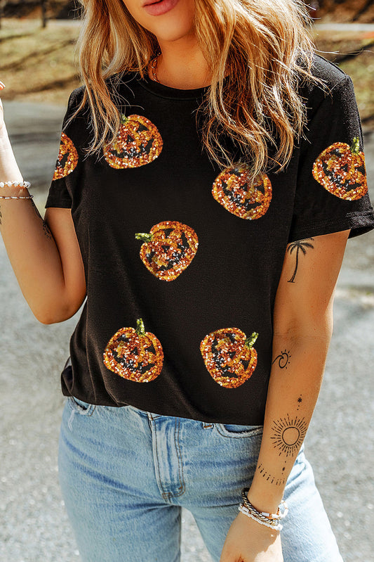 Black Halloween Sequin Pumpkin Face Graphic T Shirt