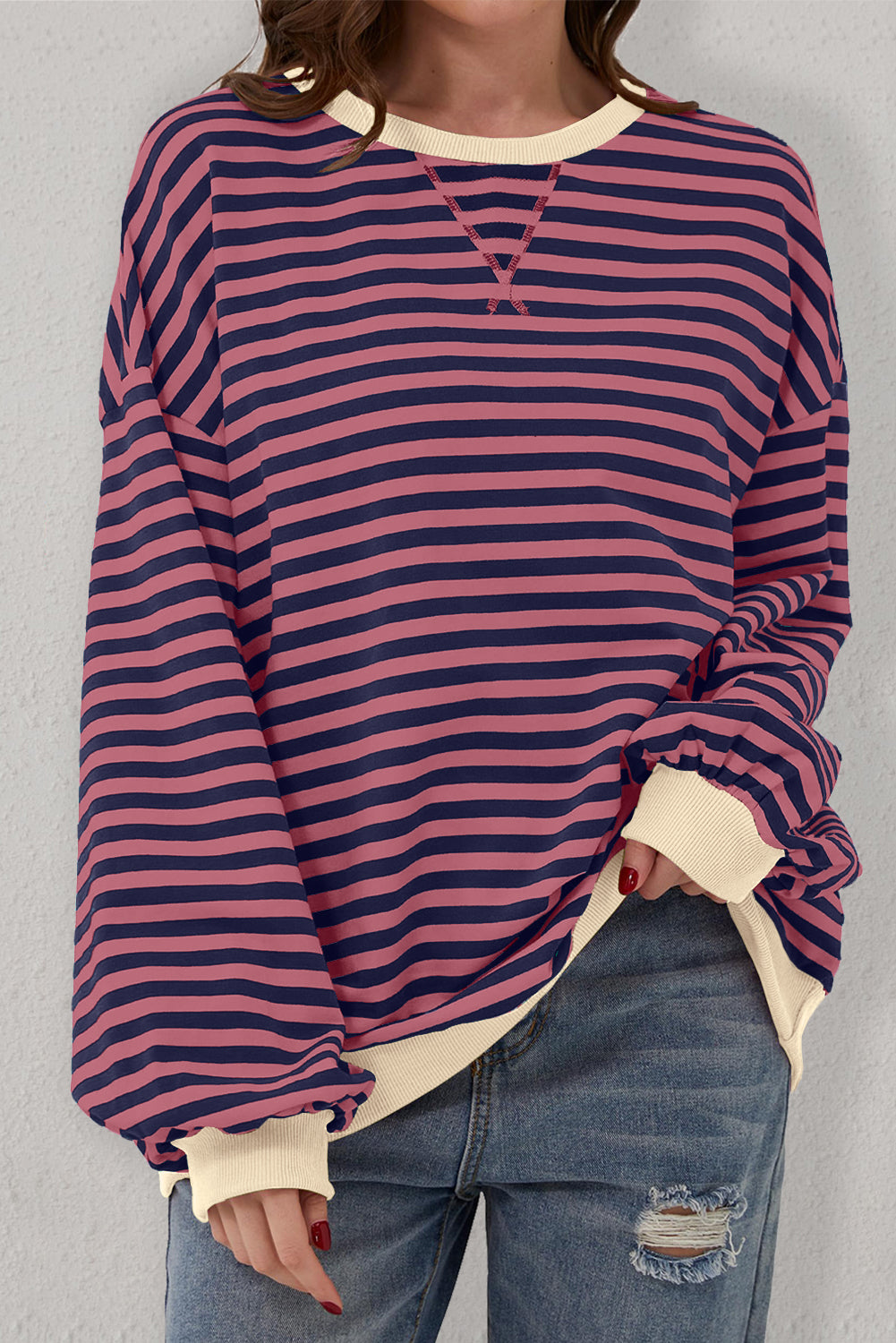 Black Stripe Contrast Edge Cross Seam Oversized Sweatshirt