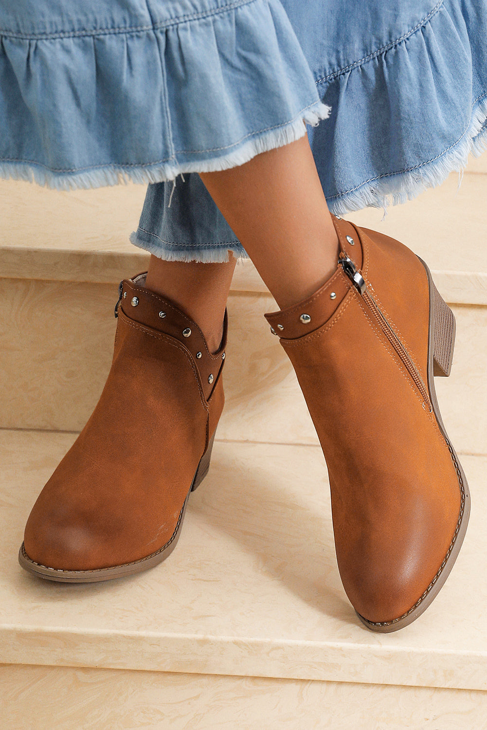 Chestnut Studded Faux Leather Chunky Heel Ankle Boots