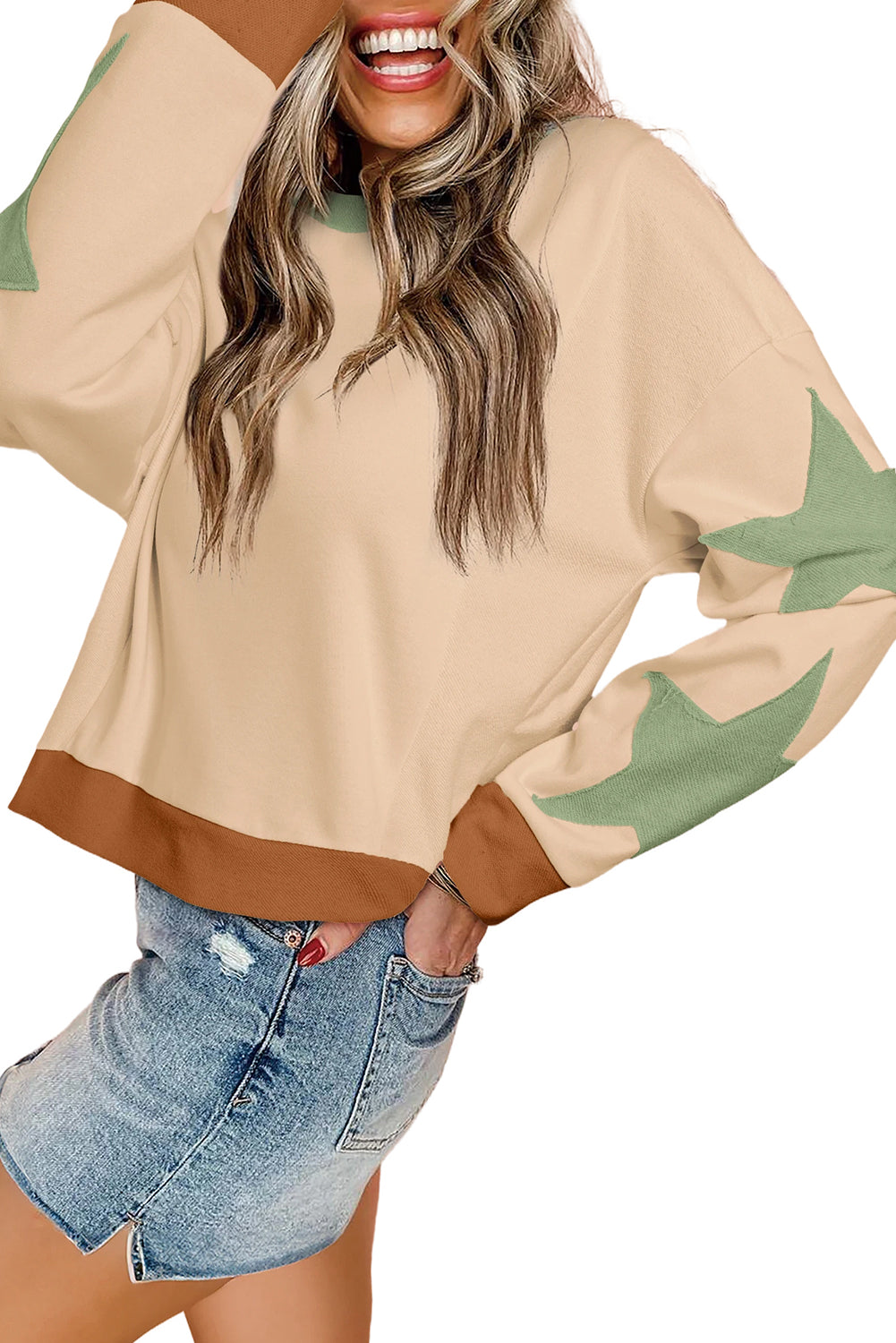 Parchment Star Patchwork Exposed Seam Oversized Sweatshirt