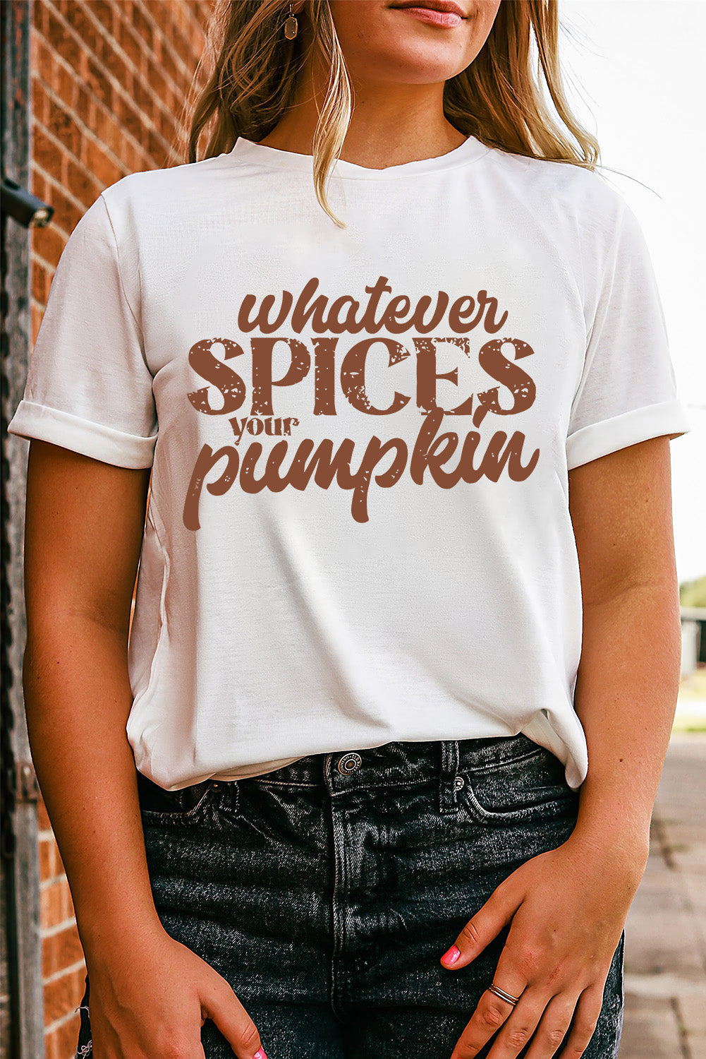 White Whatever Spices Your Pumpkin Letter Print Graphic Tee