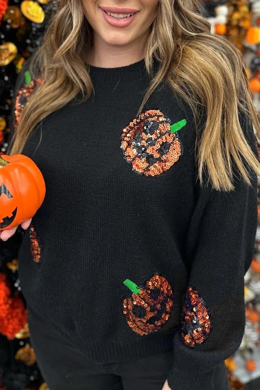 Black Halloween Sequin Pumpkin Pattern Plus Size Sweater