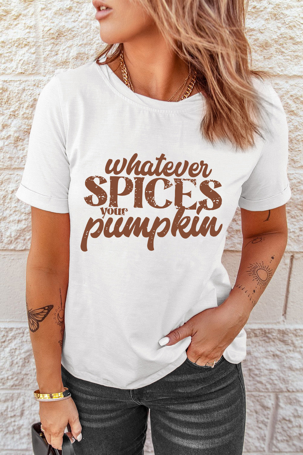 White Whatever Spices Your Pumpkin Letter Print Graphic Tee