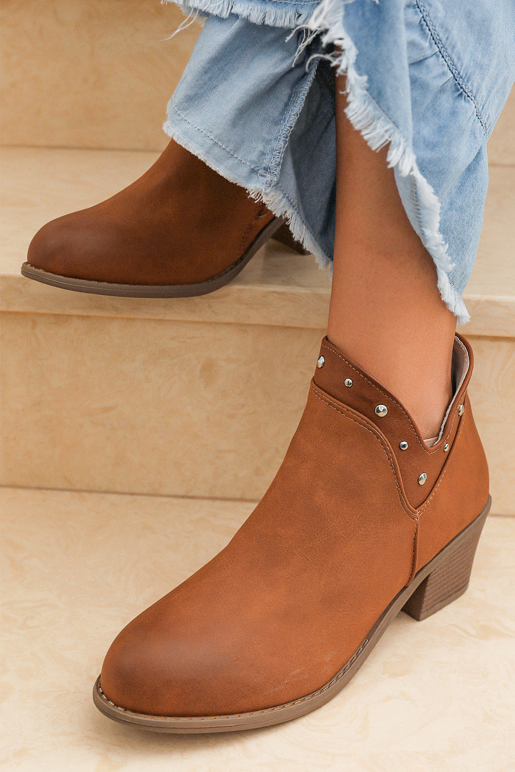 Chestnut Studded Faux Leather Chunky Heel Ankle Boots