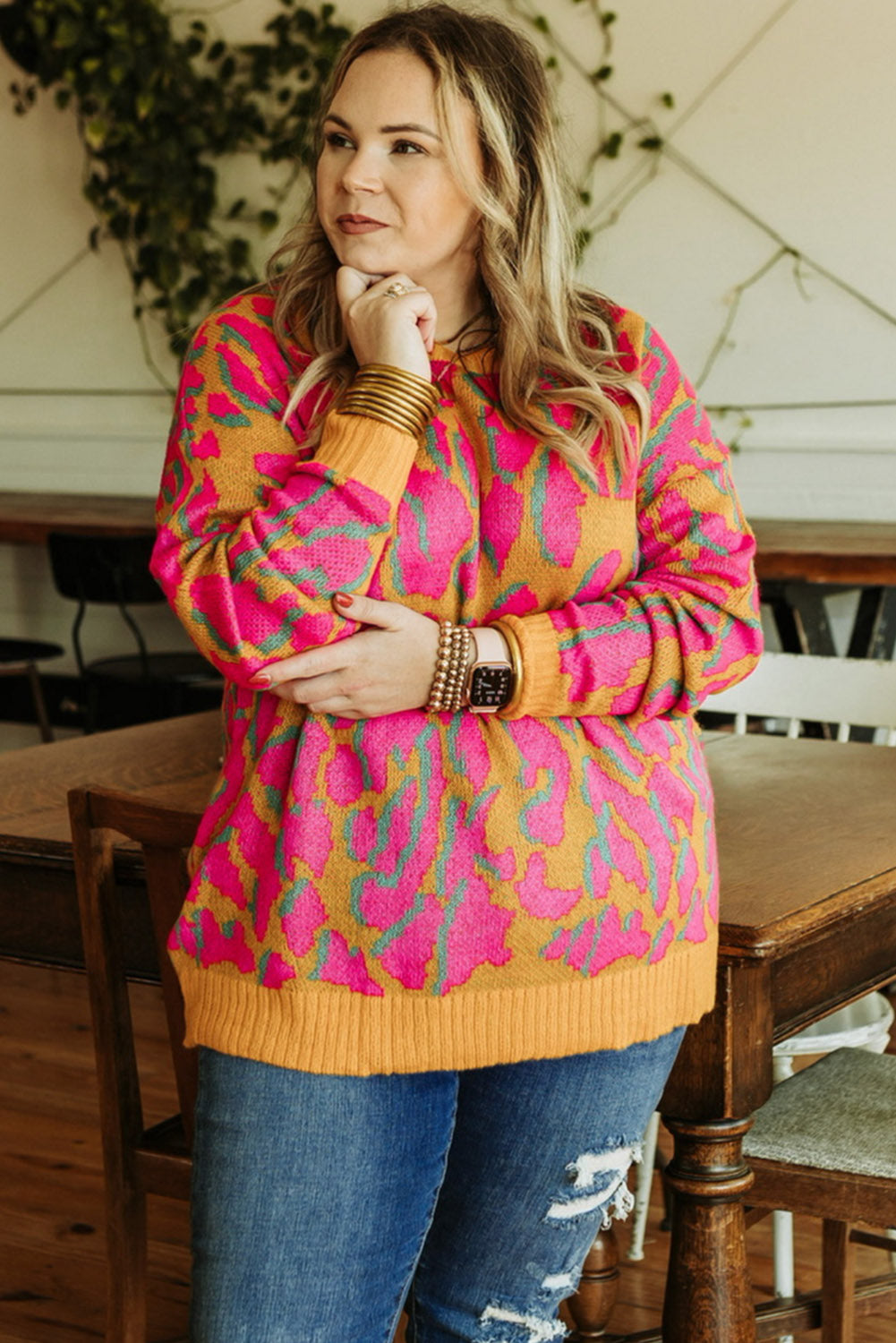 Bright Pink Plus Size Leopard Ribbed Trim Sweater