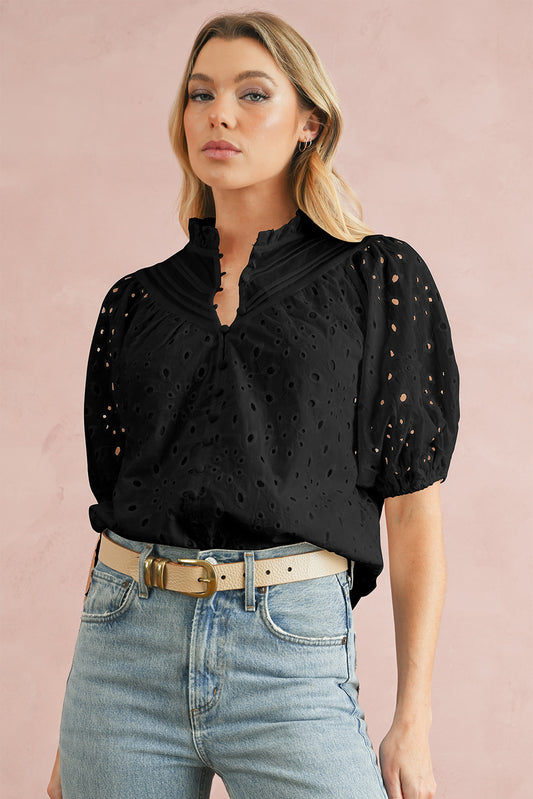 Black Hollow-out Flower Embroidered Short Puff Sleeve Blouse