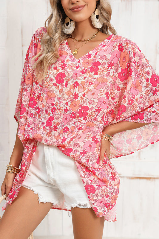 Pink Boho Floral Print V Neck Oversized Blouse