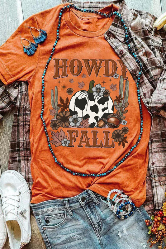 Orange HOWDY FALL Pumpkin Print Crewneck Graphic T Shirt