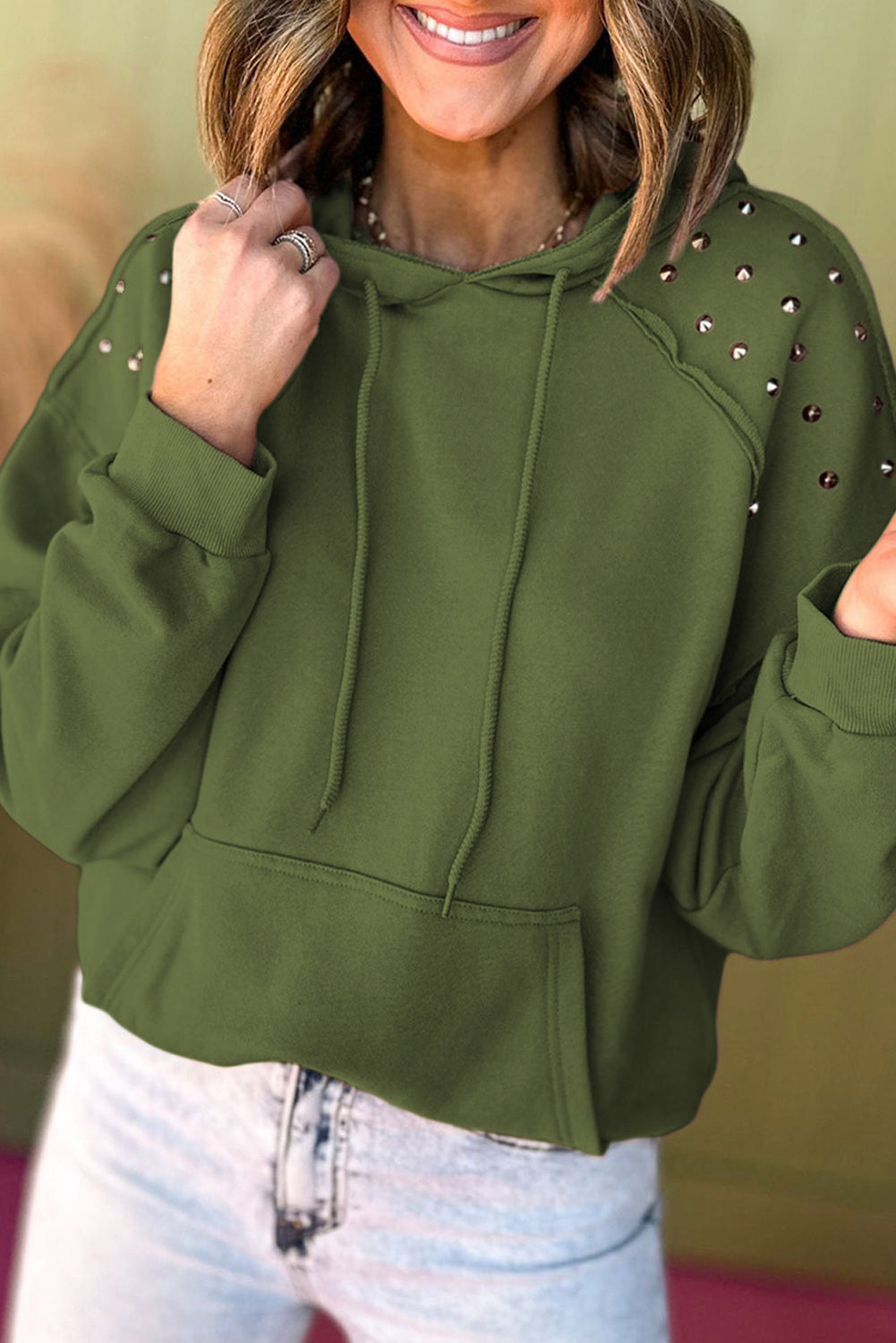 Fushia Stud Detail Kangaroo Pocket Hoodie