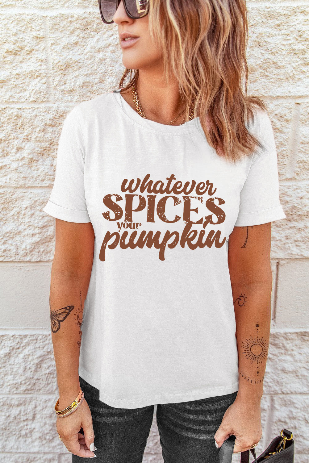 White Whatever Spices Your Pumpkin Letter Print Graphic Tee