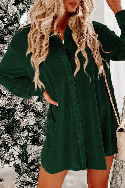 Green Velvet Button Front Shirt Mini Dress